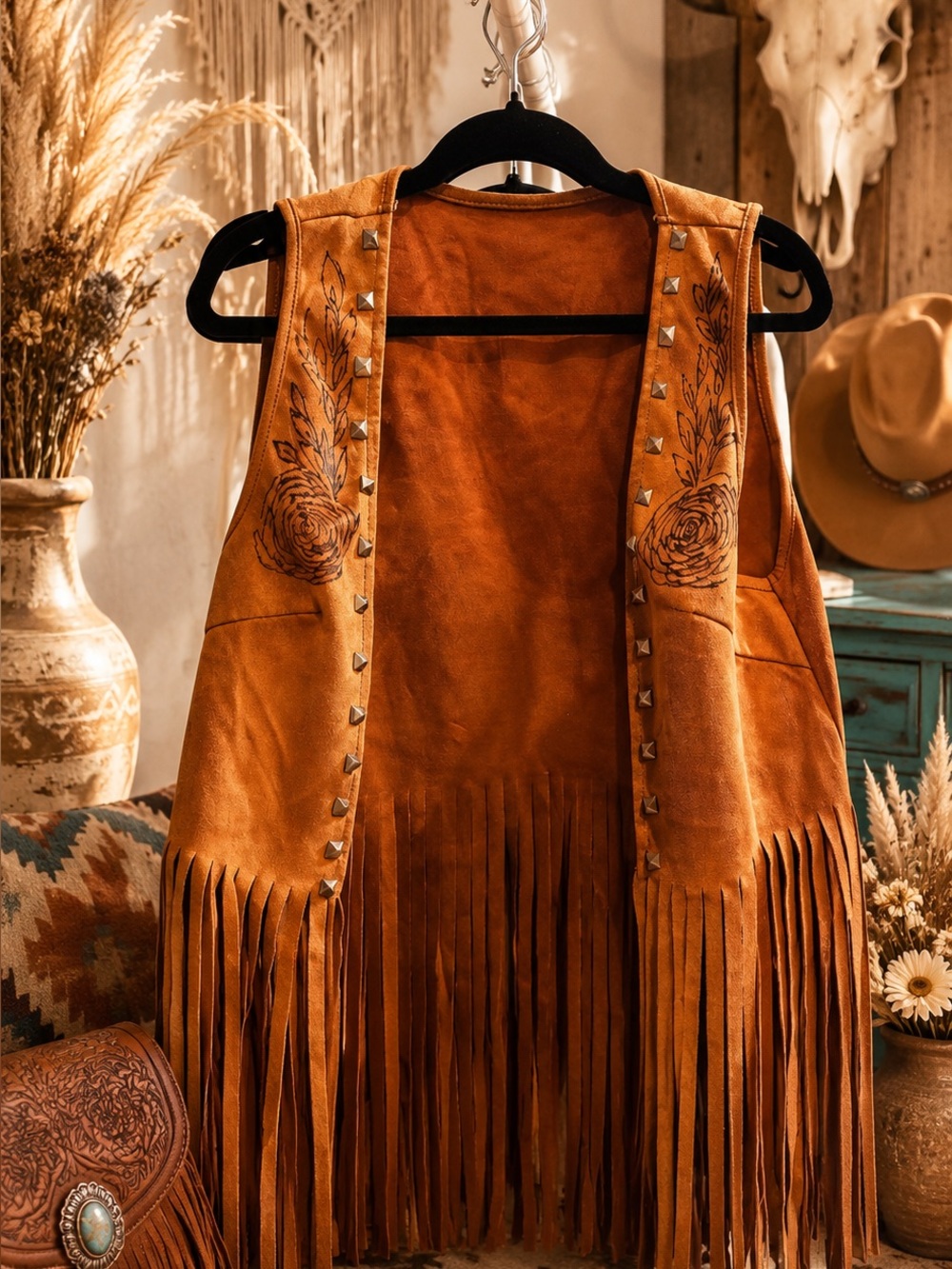 Fringe Suede Vest with Studs and Floral Embroidery - Rustic Brown